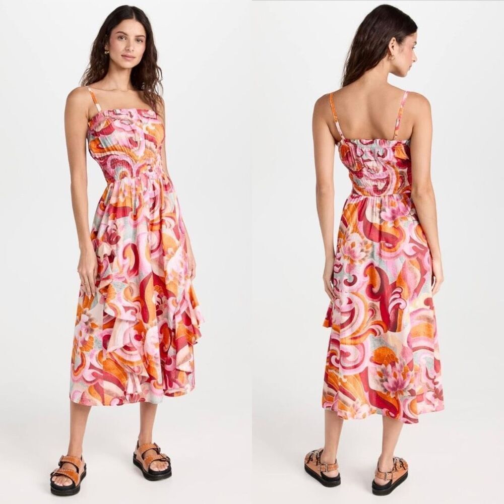 Chufy Tau Dress Small Pink Orange Swirl Smocked Ruffle Midi Organic Cotton Boho